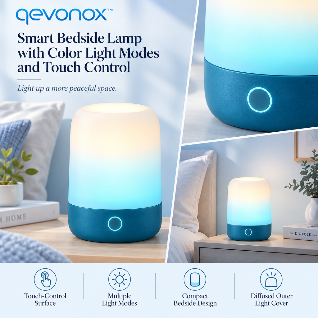 qevonox™ Smart Bedside Lamp with Color Light Modes and Touch Control