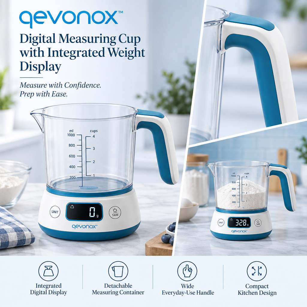 qevonox™ Digital Measuring Cup with Integrated Weight Display and Detachable Container