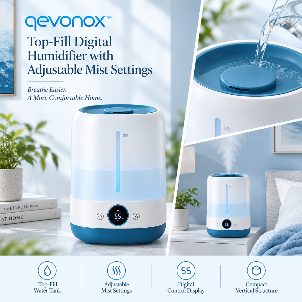 qevonox™ Top-Fill Digital Humidifier with Adjustable Mist Settings