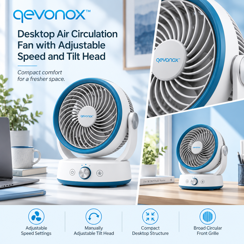 qevonox™ Desktop Air Circulation Fan with Adjustable Speed and Tilt Head