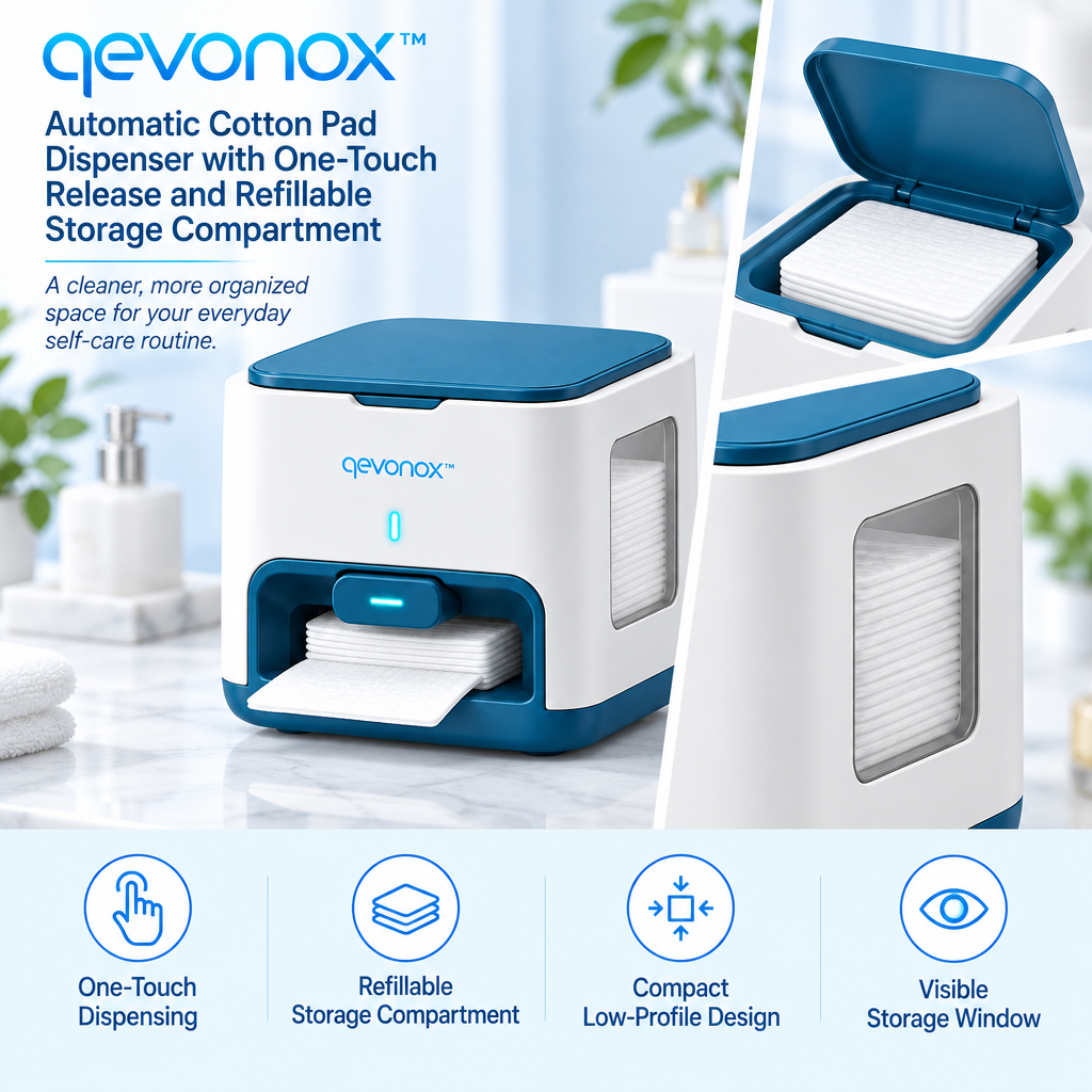 qevonox™ Automatic Cotton Pad Dispenser with One-Touch Release and Refillable Storage Compartment
