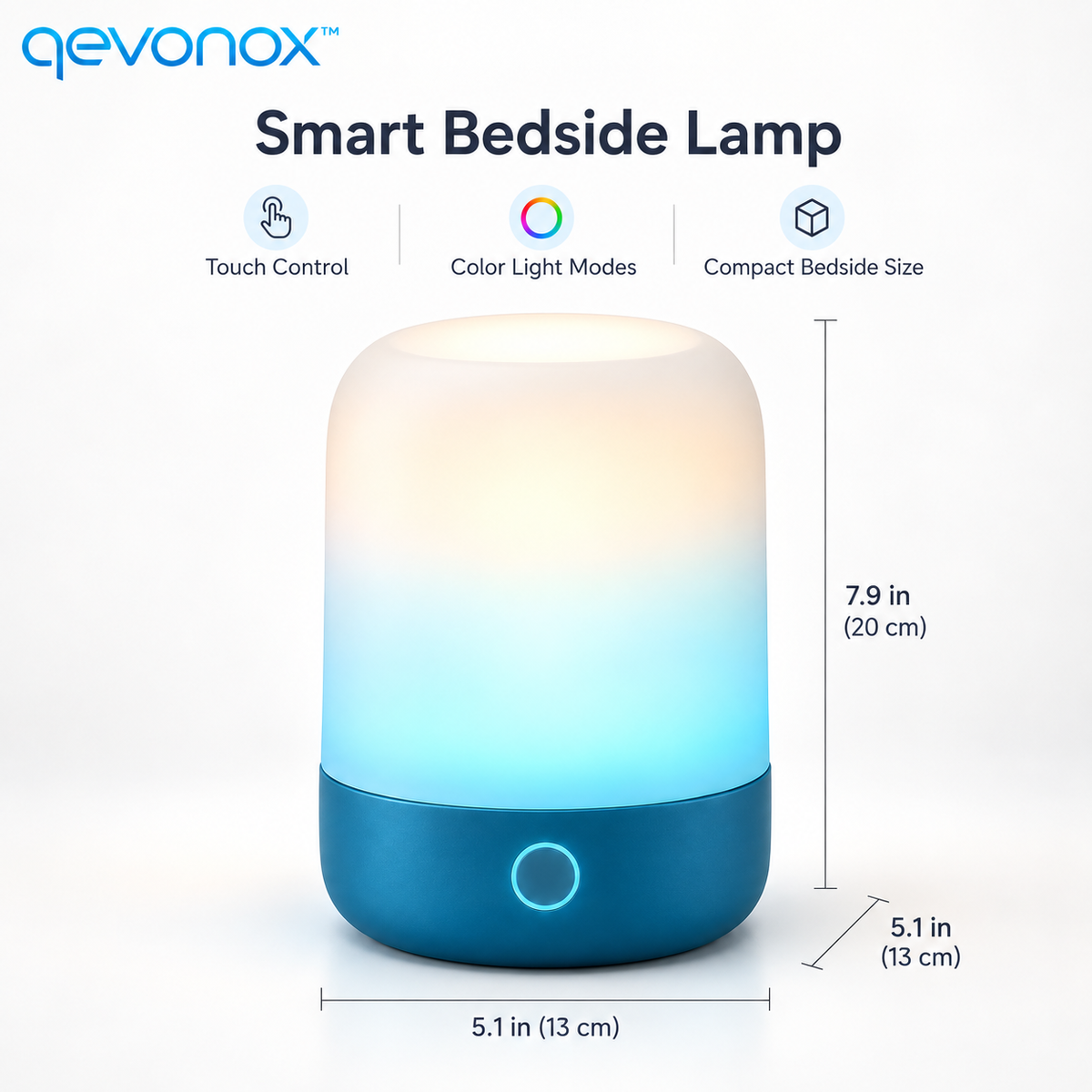 qevonox™ Smart Bedside Lamp with Color Light Modes and Touch Control