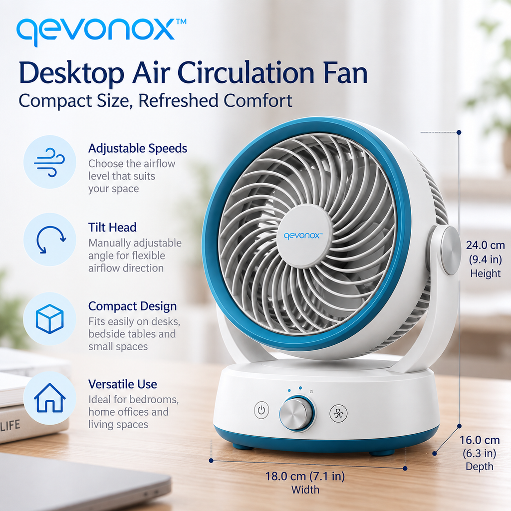 qevonox™ Desktop Air Circulation Fan with Adjustable Speed and Tilt Head
