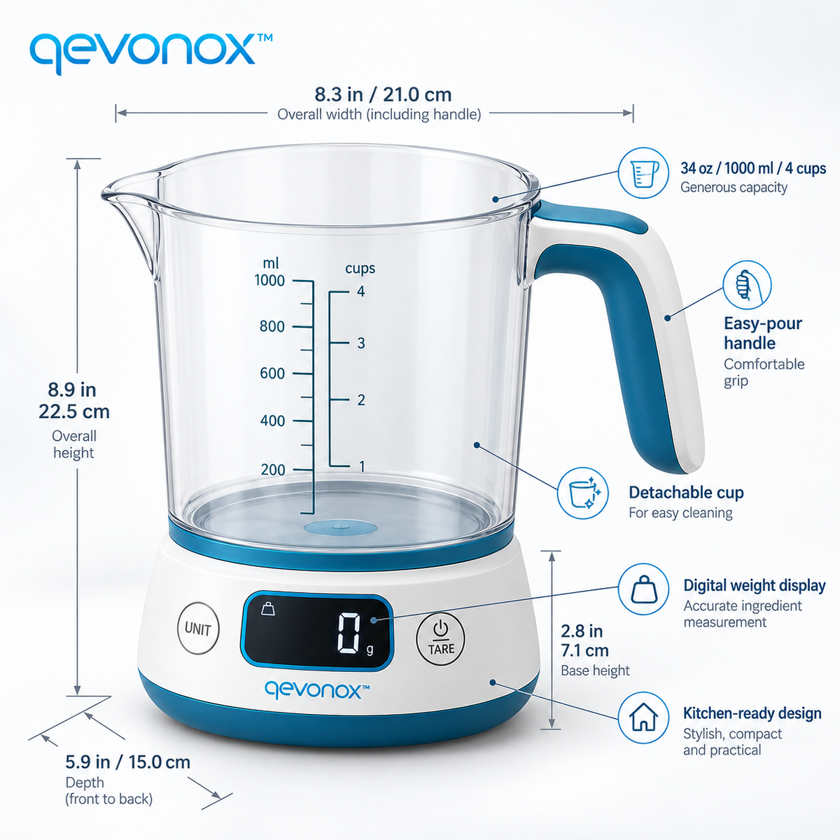 qevonox™ Digital Measuring Cup with Integrated Weight Display and Detachable Container