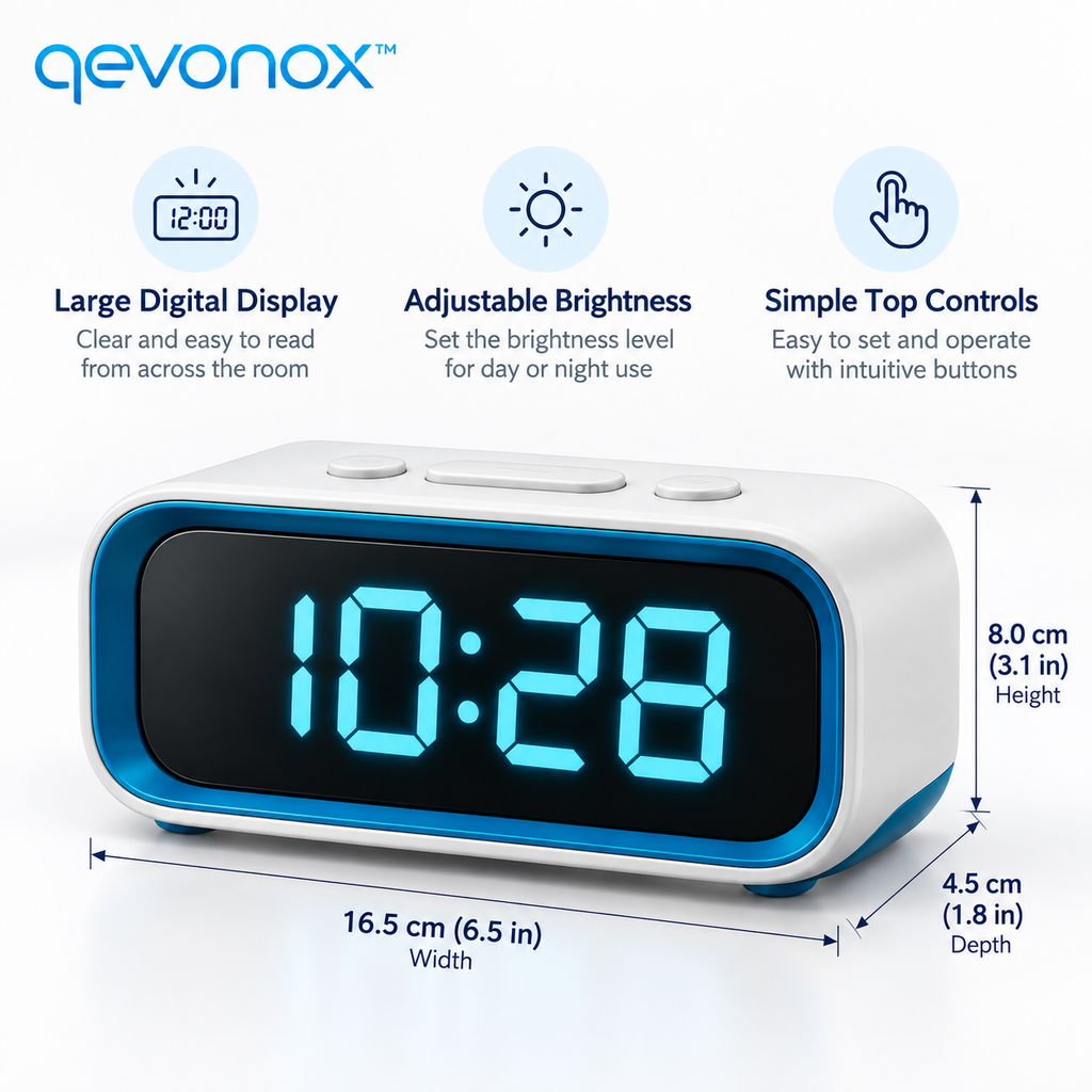 qevonox™ Digital Bedside Alarm Clock with Large Display and Adjustable Brightness