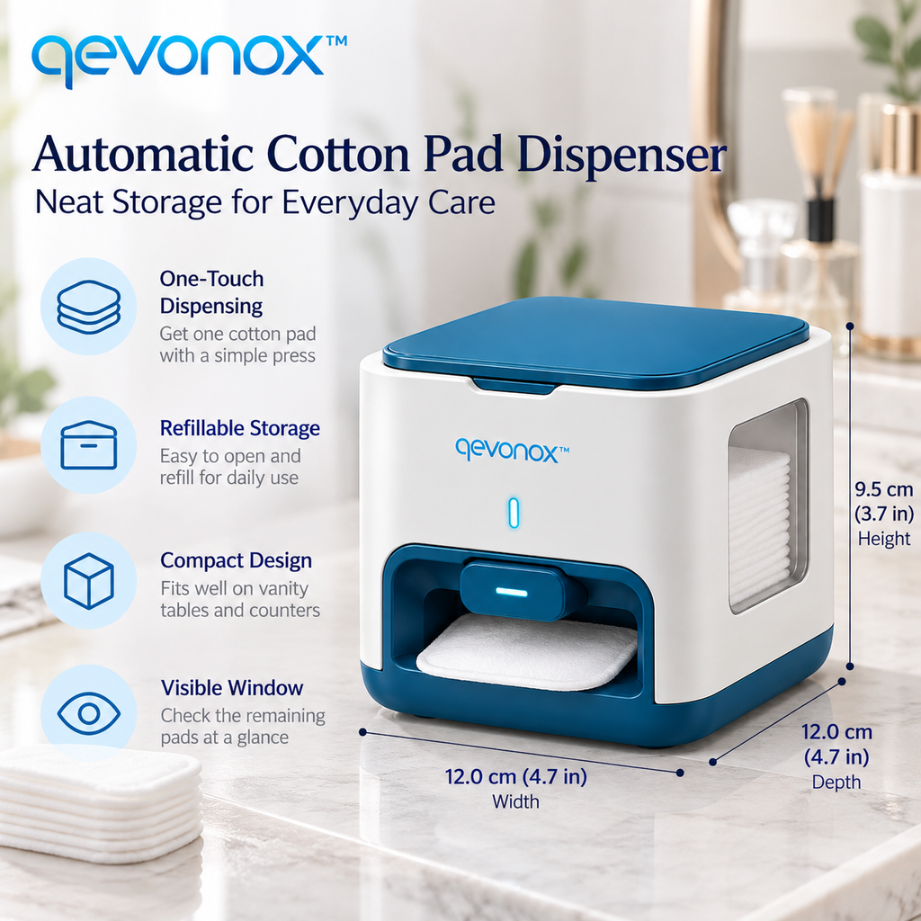 qevonox™ Automatic Cotton Pad Dispenser with One-Touch Release and Refillable Storage Compartment