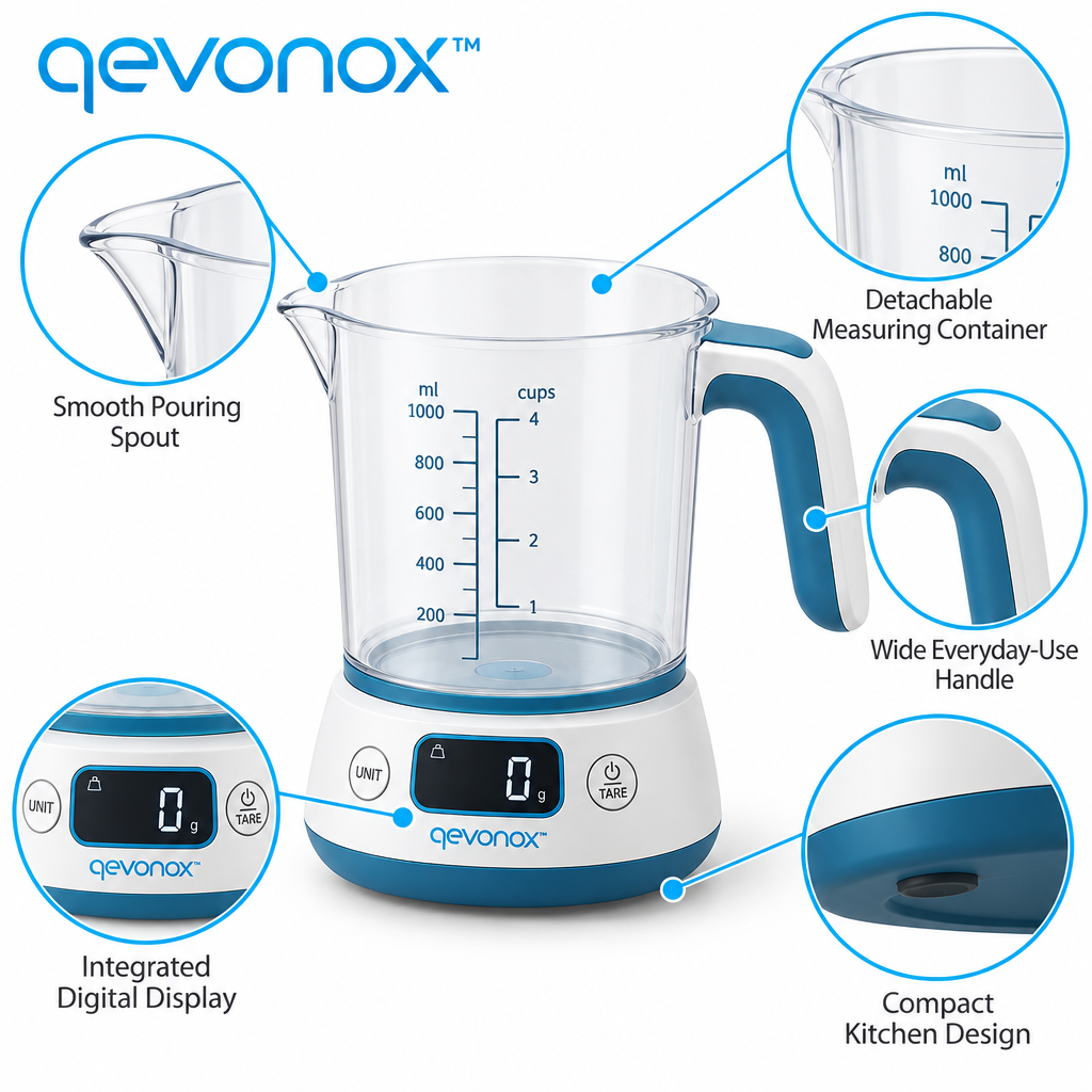 qevonox™ Digital Measuring Cup with Integrated Weight Display and Detachable Container