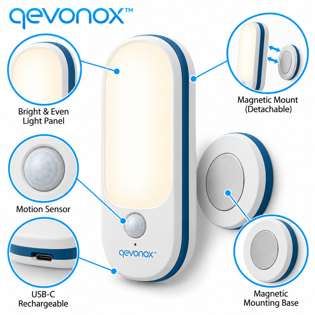 qevonox™ Rechargeable Motion Sensor Night Light with Magnetic Mount