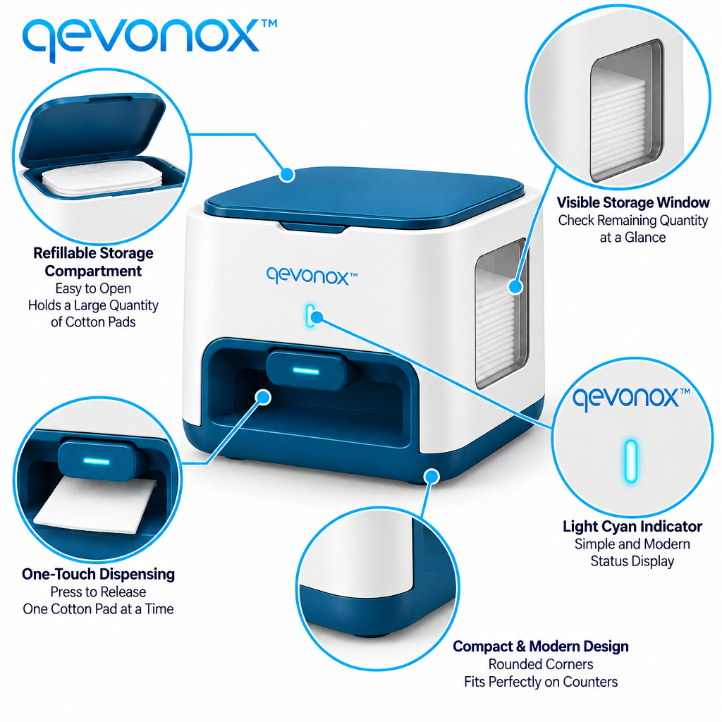 qevonox™ Automatic Cotton Pad Dispenser with One-Touch Release and Refillable Storage Compartment