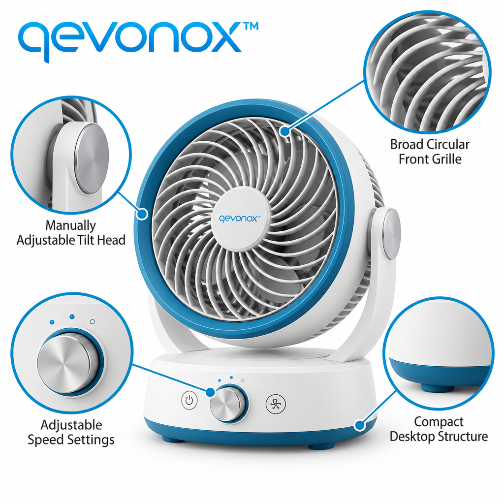 qevonox™ Desktop Air Circulation Fan with Adjustable Speed and Tilt Head