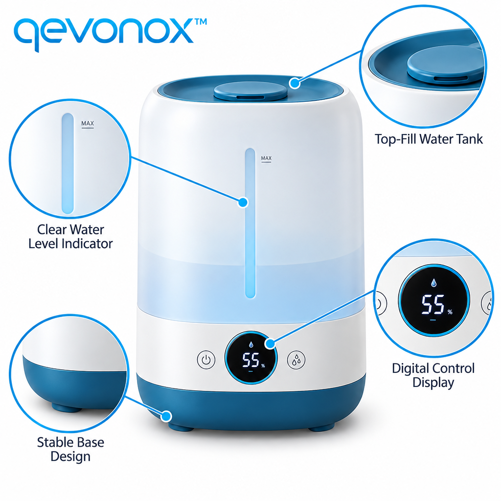 qevonox™ Top-Fill Digital Humidifier with Adjustable Mist Settings