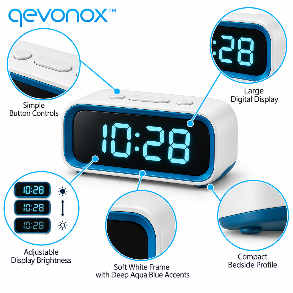qevonox™ Digital Bedside Alarm Clock with Large Display and Adjustable Brightness