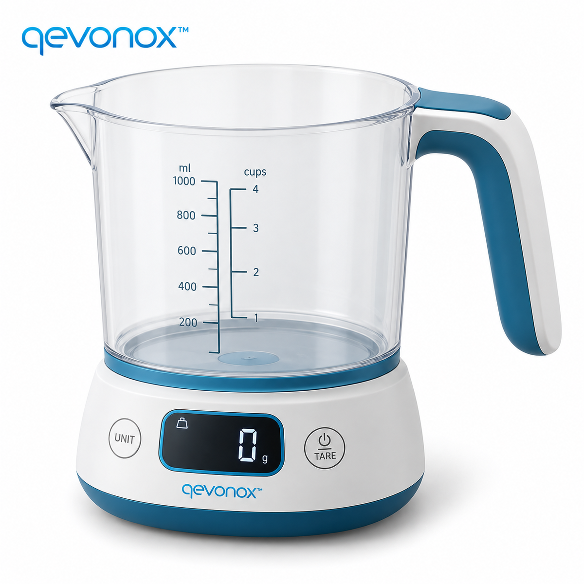 qevonox™ Digital Measuring Cup with Integrated Weight Display and Detachable Container